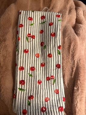 KitchenAid White Striped Towel with Red Cherry Print
